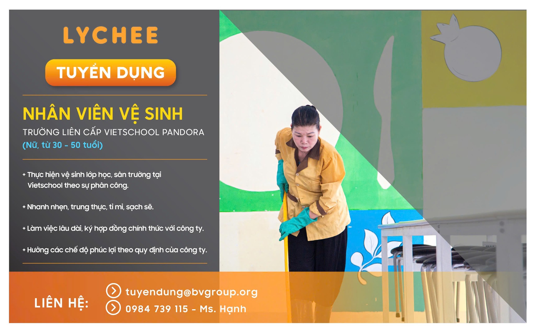 Trường Liên cấp Vietschool Pandora cho vị trí nhân viên tạp vụ, vệ sinh