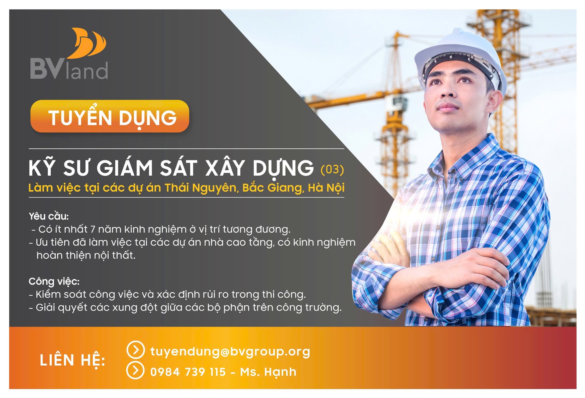 Tuyển dụng vị trí NAM KỸ SƯ GIÁM SÁT THI CÔNG cho các dự án Thái Nguyên, Bắc Giang