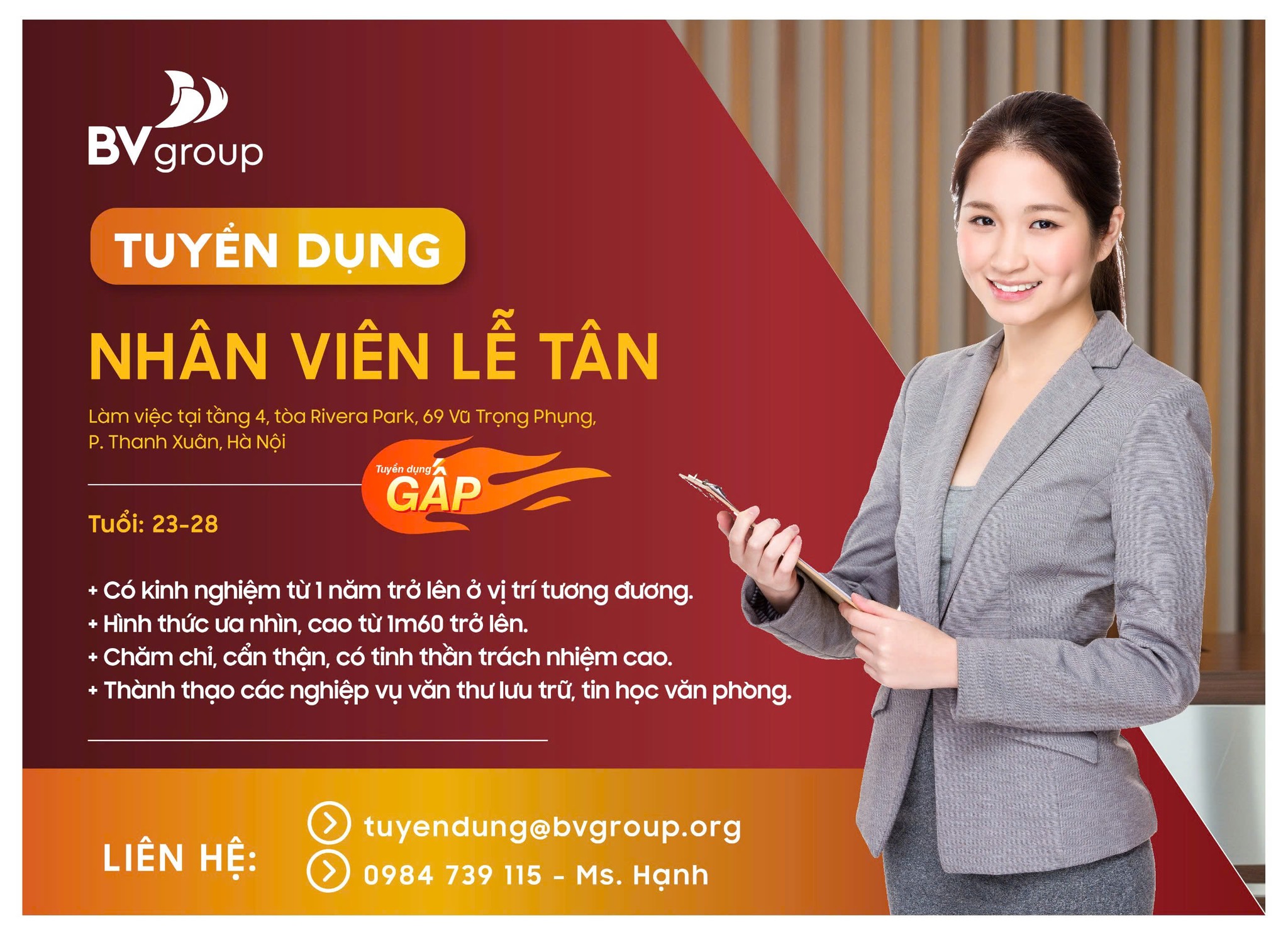 TUYỂN GẤP VỊ TRÍ LỄ TÂN HÀNH CHÍNH VP CHO TRỤ SỞ CHÍNH TẠI HÀ NỘI