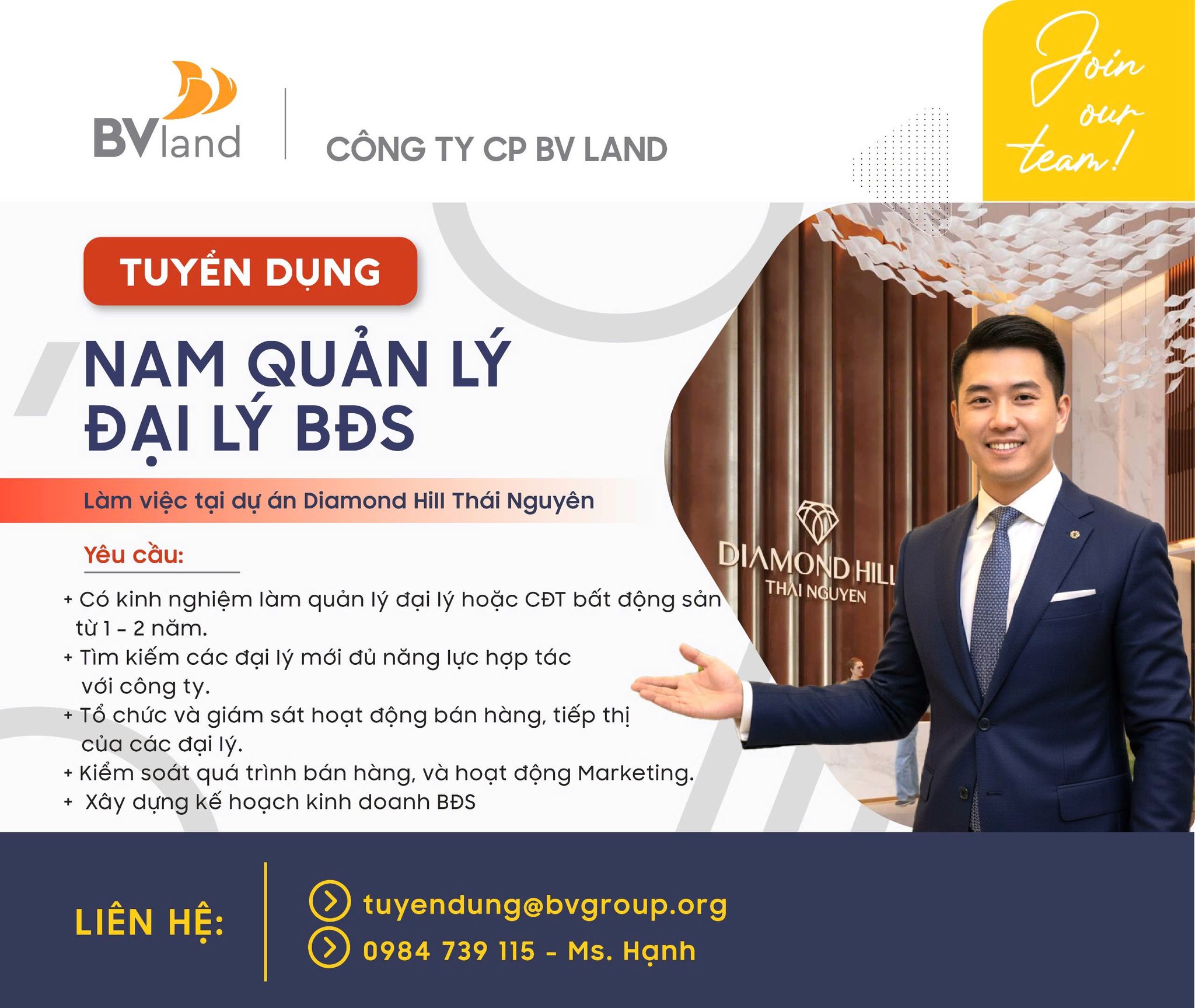 TUYỂN VỊ TRÍ NAM QUẢN LÝ ĐẠI LÝ BẤT ĐỘNG SẢN CHO DỰ ÁN THÁI NGUYÊN