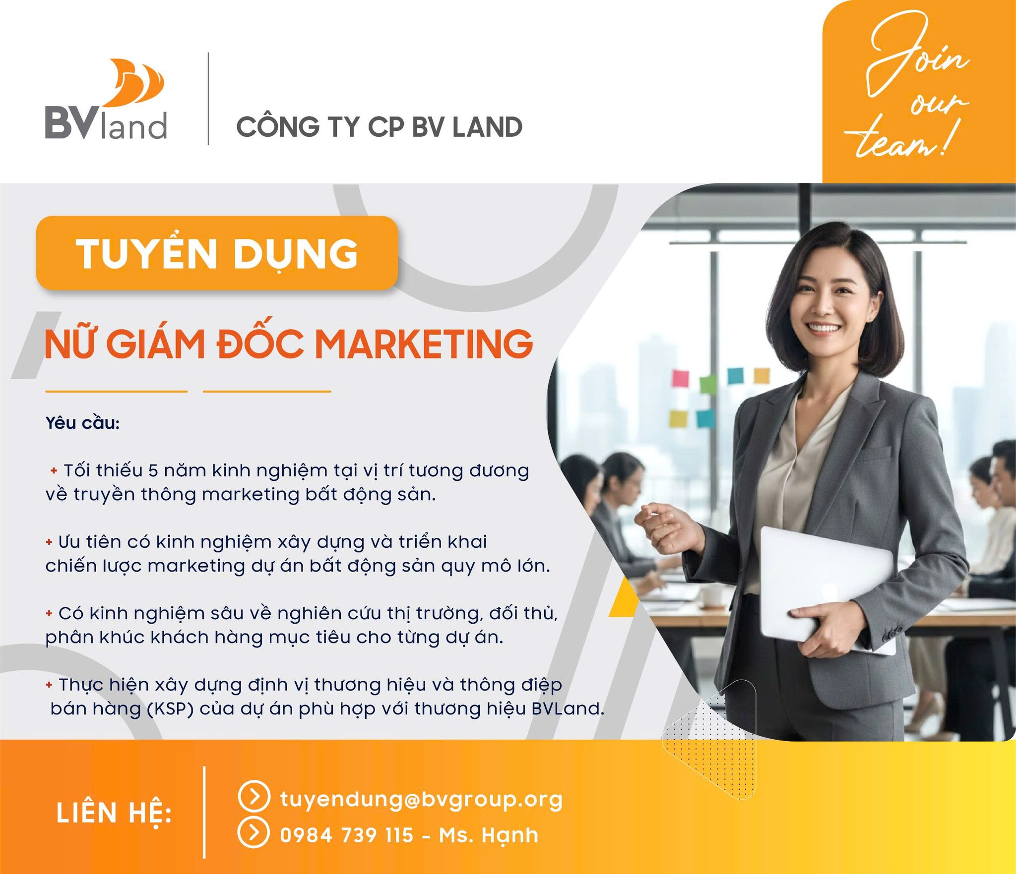 BV Land đang cần tuyển vị trí NỮ GIÁM ĐỐC MARKETING cho các dự án Bất động sản