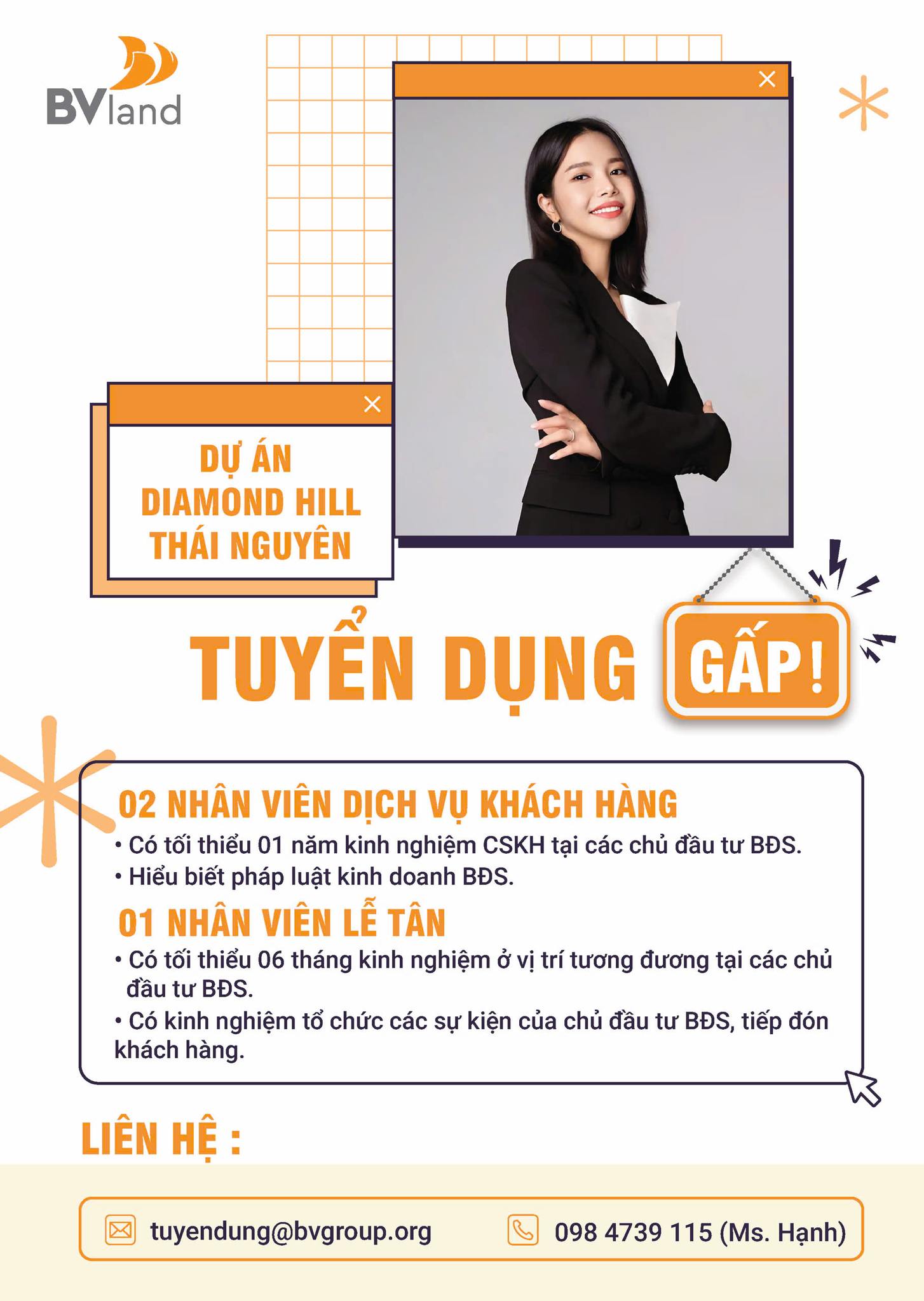 Dự án Diamond Hill Thái Nguyên (thuộc công ty cổ phần BVland) đang tuyển dụng các vị trí Nhân viên dịch vụ khách hàng và Nhân viên lễ tân