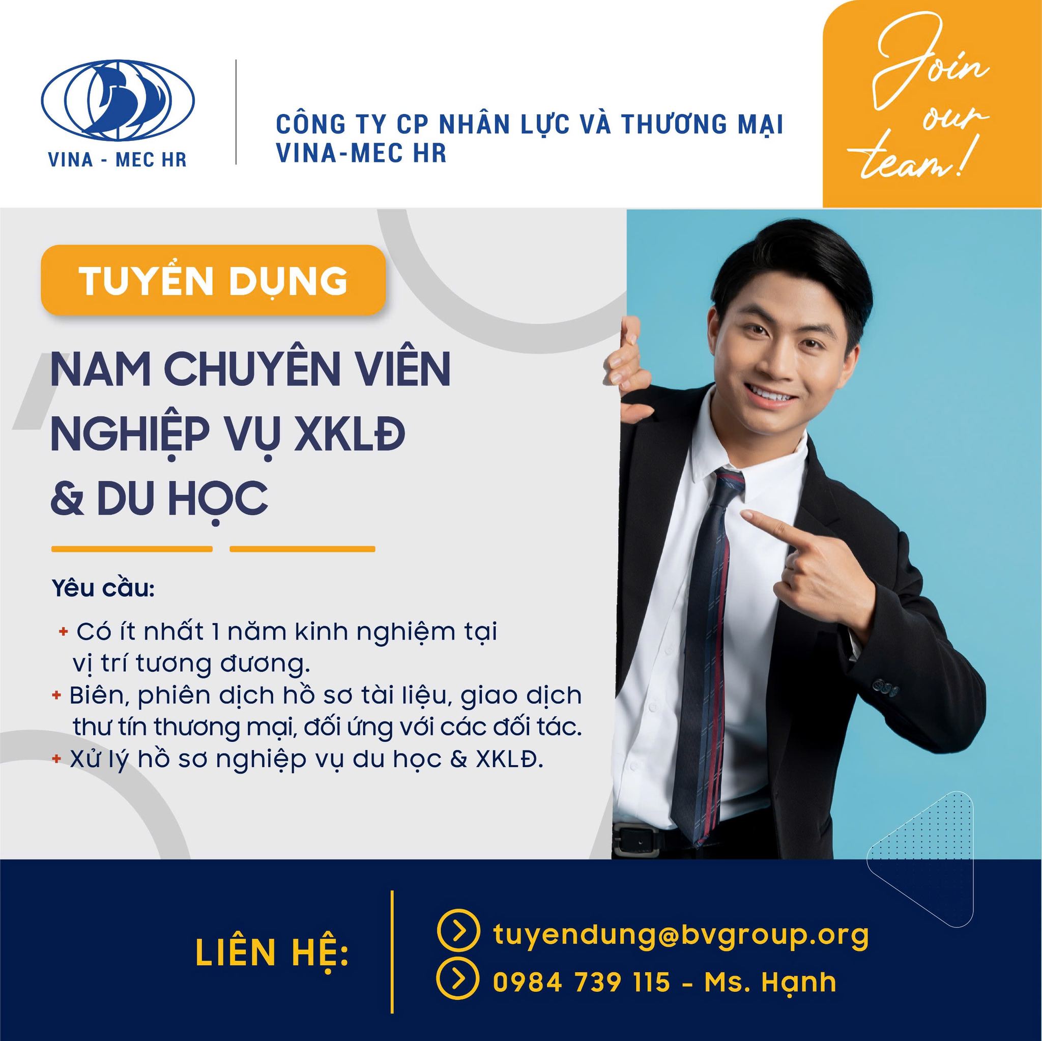 Công ty CP Nhân lực và Thương mại Vina-Mec HR tuyển Chuyên viên Nghiệp vụ Xuất Khẩu Lao Động và Du Học